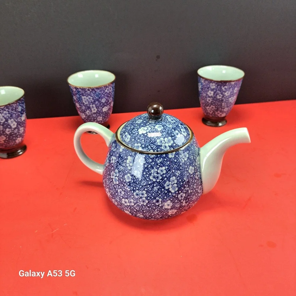 Vintage‎ Tachikichi Japanese Tea Set 6 Pc Blue Calico Floral Teapot Cups EX
